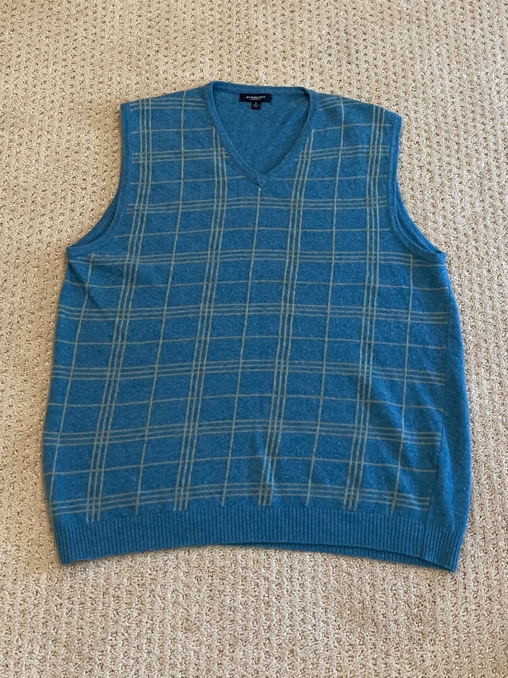 Burberry London Vintage Plaid V-Neck Sweater Vest Size L Blue